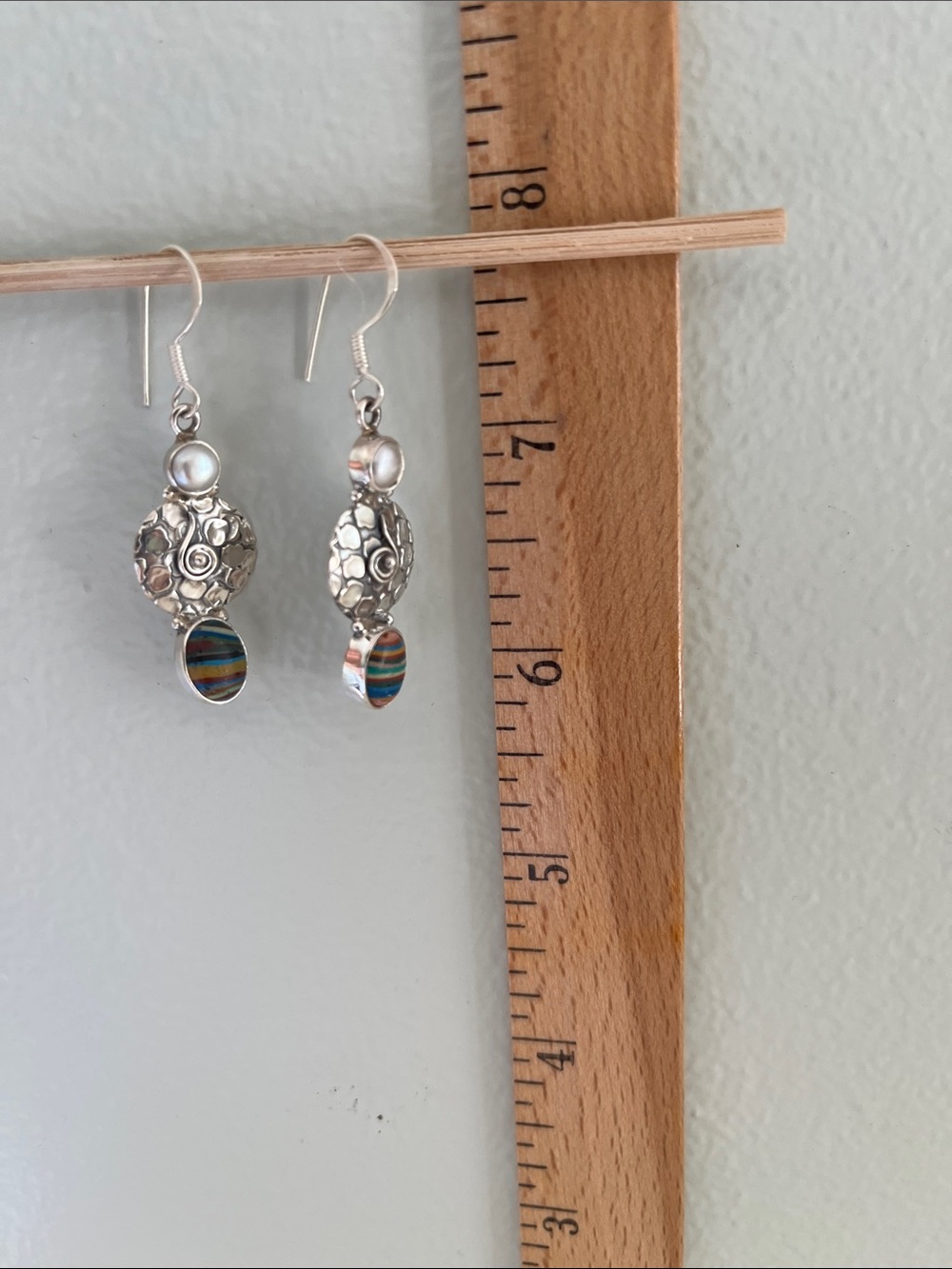 Sterling Silver Pearl and Rainbow Calsilica Drop Earrings - Picture 6 of 6
